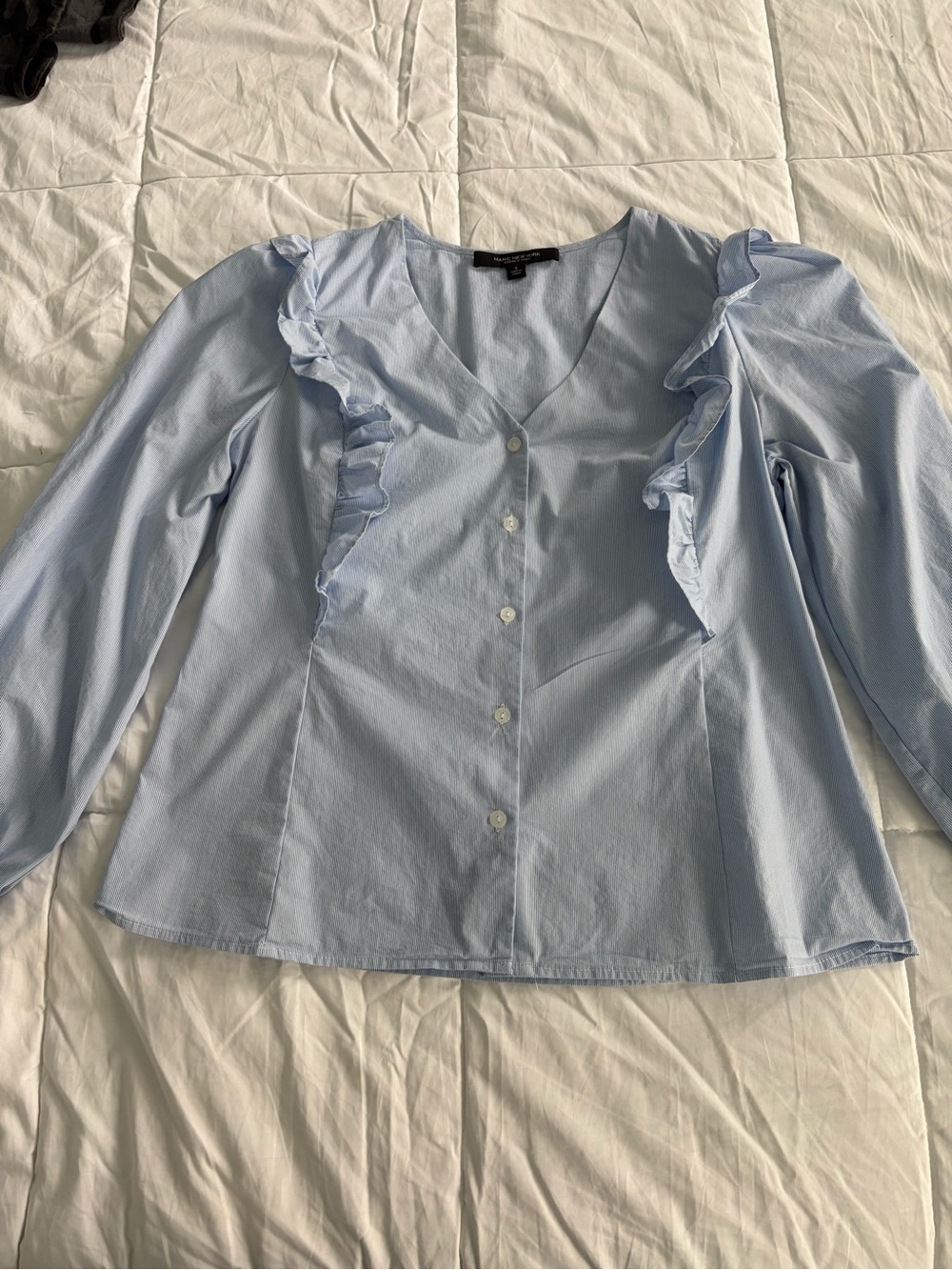 Light Blue Ruffle-Trim Button Front Blouse - Picture 5 of 8